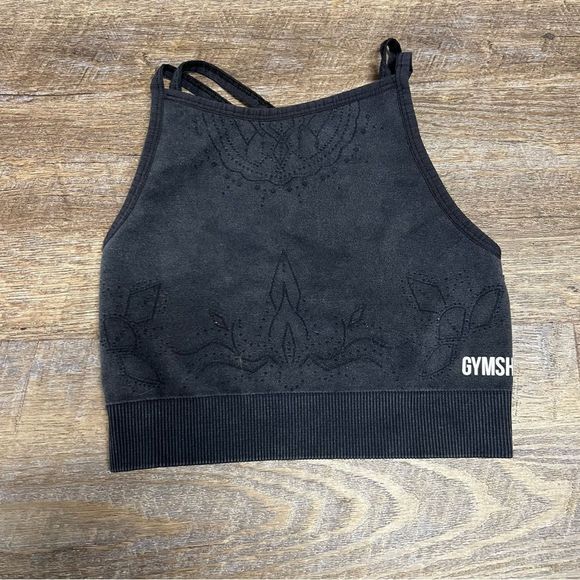 Gymshark Sports Bra Women's XS Charcoal Grey Studio Seamless Workout Spellout - Picture 1 of 7